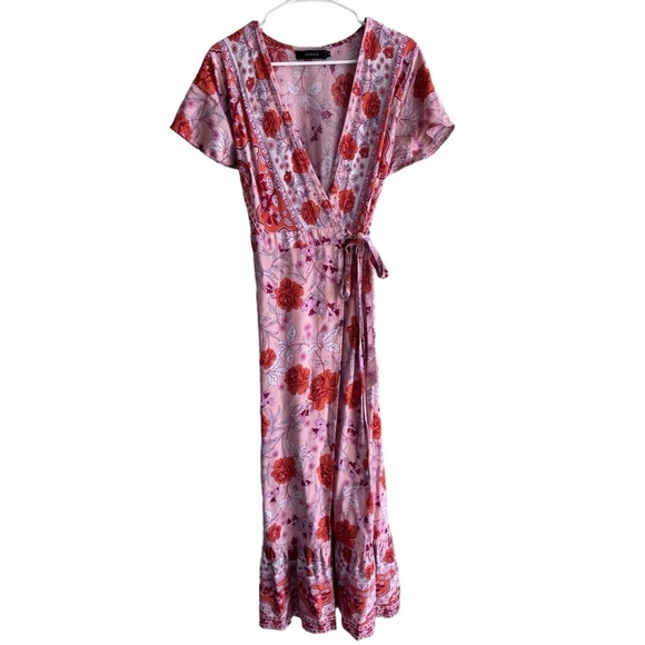 Zesika Floral Pink/Orange Short Sleeve V Neck Wrap Maxi Dress size Large - Picture 1 of 10